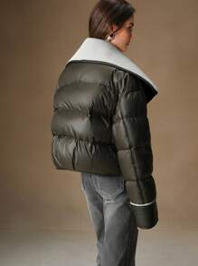 Anewsta 女式厚款短款宽松仿皮拼接领夹克 - 軍綠色 - 查看 4