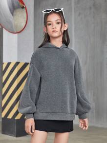 SHEIN 少女宽松套头卫衣，后背褶裥设计，休闲灰色，返校季，秋季 - 深灰色 - 查看 5