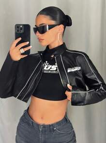 SHEIN ICON Áo khoác bomber đua xe thời trang Y2k Streetwear bằng da PU dài tay in chữ có khóa kéo cắt cúp thời trang xuân thu cho nữ - màu đen - Xem 1