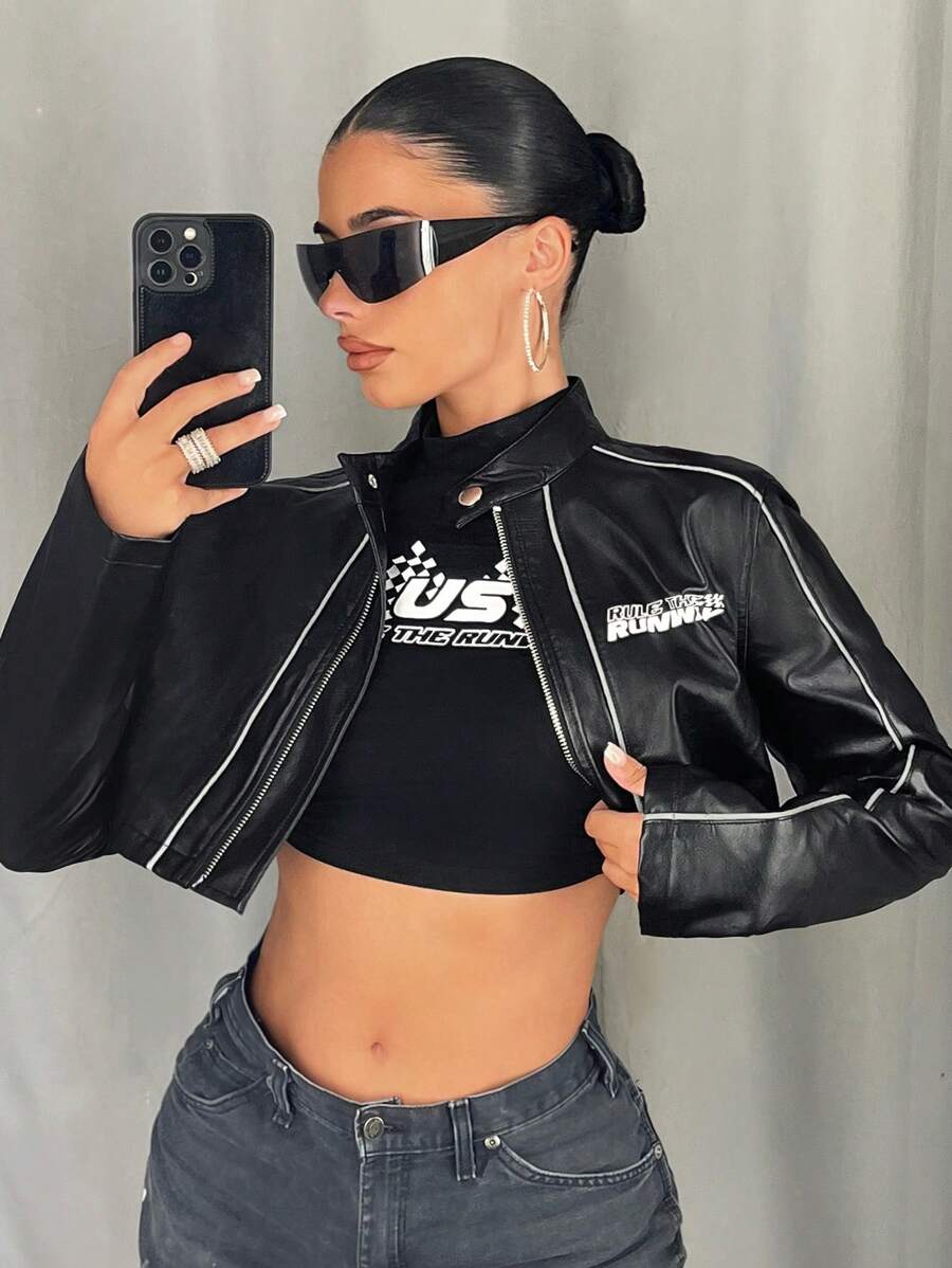 SHEIN ICON Áo khoác bomber đua xe thời trang Y2k Streetwear bằng da PU dài tay in chữ có khóa kéo cắt cúp thời trang xuân thu cho nữ - màu đen - Xem 1