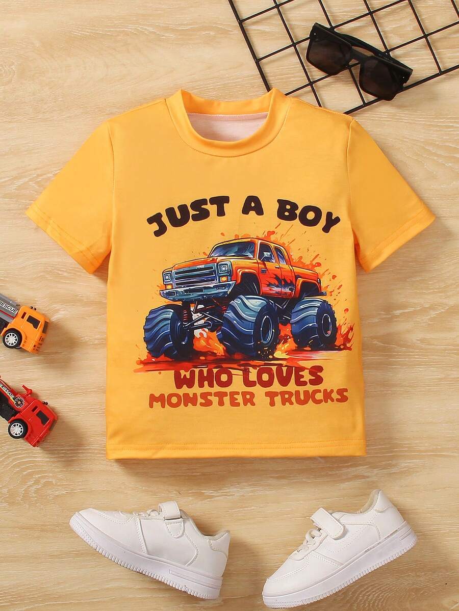 SHEIN Áo thun đơn giản cổ tròn tay ngắn in chữ và hình ô tô cho bé trai, mặc thường ngày - Màu vàng - Xem 1