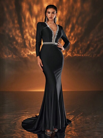 SHEIN Belle Elegante y maravilloso vestido negro clásico de tela elástica de punto con cuello en V profundo, cadena con diamantes brillantes, hombros rectos, mangas largas, bajo con cola de pez. Adecuado para cenas, Halloween, eventos formales de noche, baile de graduación, invitado de boda