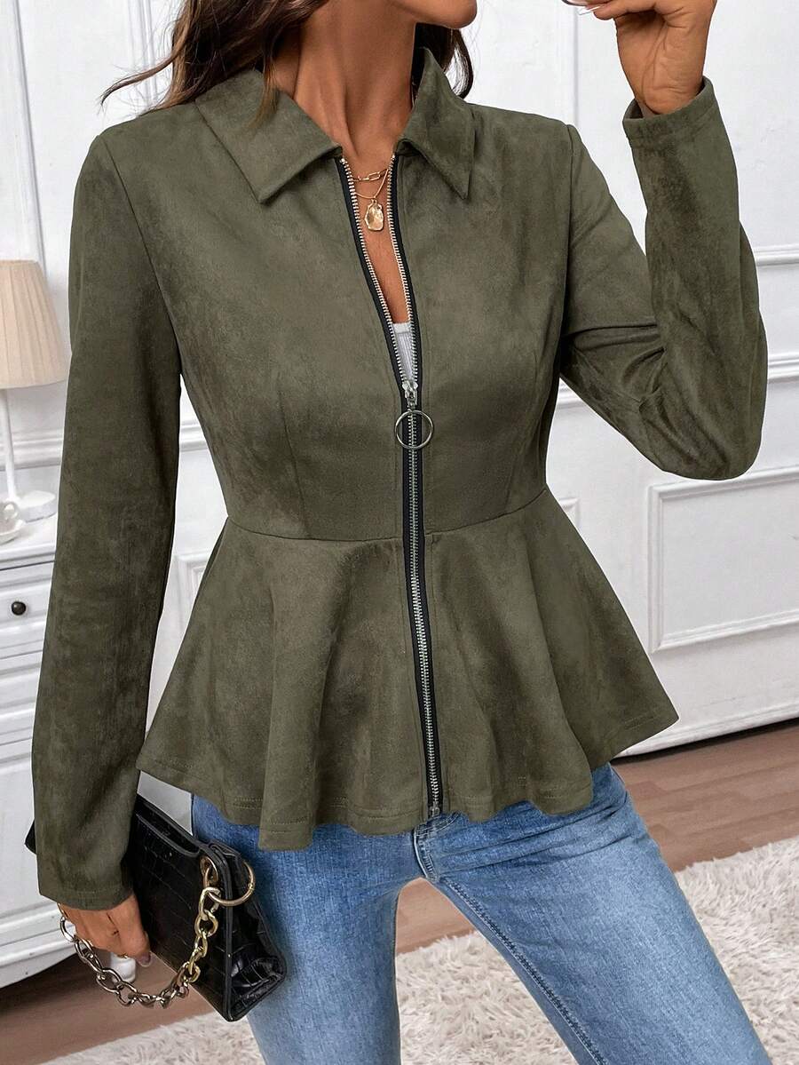 SHEIN LUNE 女士纯色简约日常拉链长袖夹克 - 軍綠色 - 查看 1