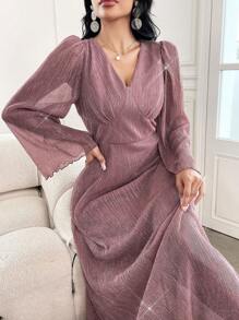 Modelyn Elegantes Damenkleid mit V-Ausschnitt und langen Ärmeln, einfarbig