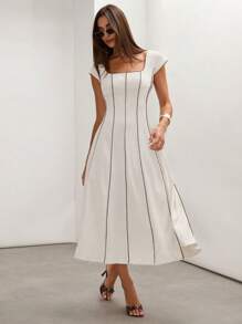 COSMINA Cream-Color Linen Blend Color Block Fitted Sleeveless A-Line Old Money Style Elegant Dress For Women, Spring/FAll,Sun Dress,Summer Dresses For Women
