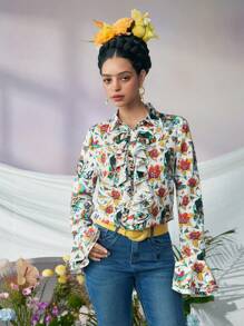 Frida Kahlo X SHEIN Women's Elegant Floral Print Ruffle Trim White Long Sleeve Top ,Fall Vintage Button Up Shirt - Multicolor - View 5