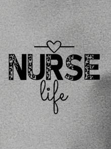 SHEIN LUNE Зручна жіноча футболка з принтом літери "NURSE" спереду та ззаду - Світло-сірий - Переглянути 4