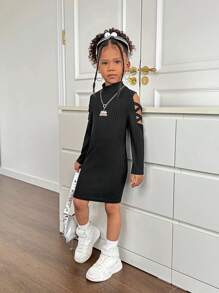 SHEIN Young Girl Knitted Stand Collar Casual Hollow-Out Shoulder Dress