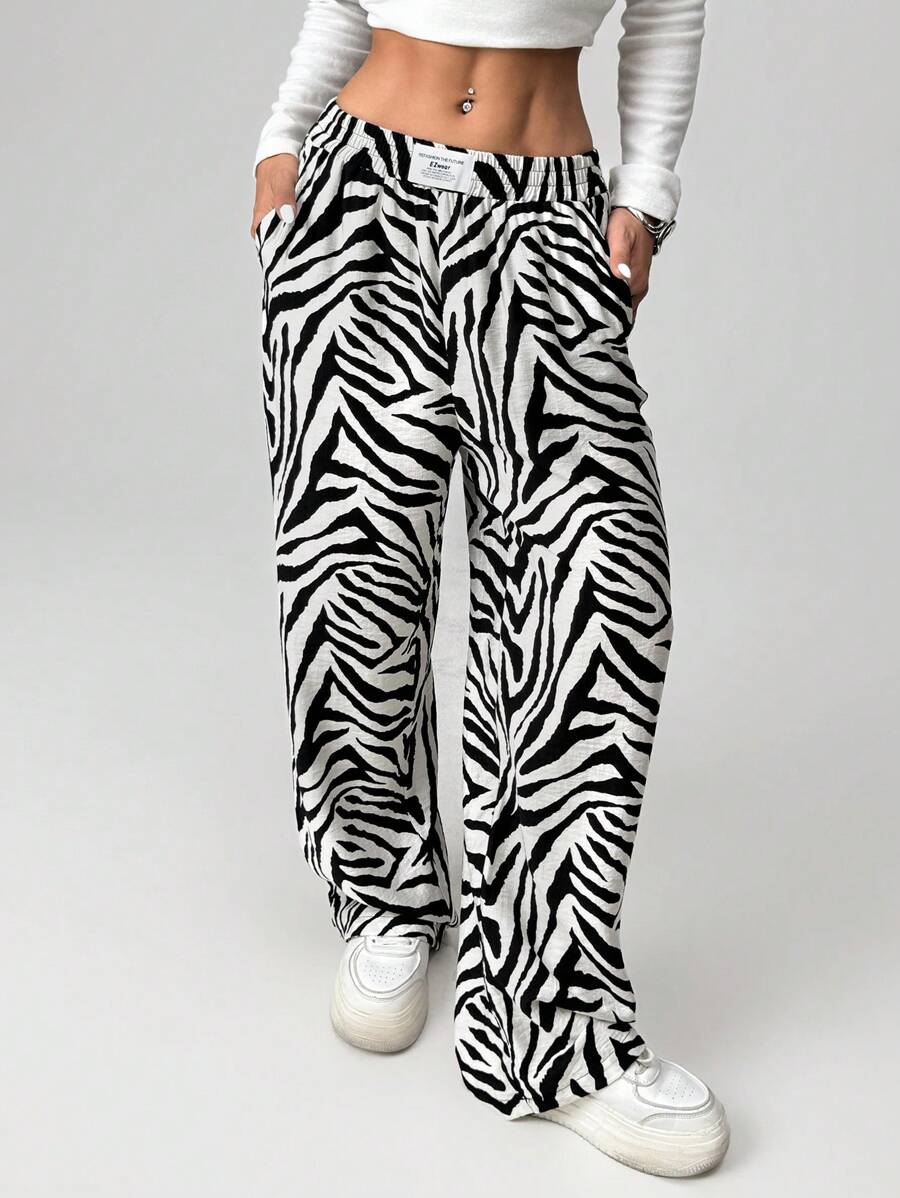 SHEIN EZwear Zebra Stripe Woven Wide Leg Pants - Black and White - View 1