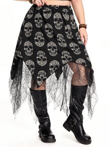 ROMWE Grunge Punk Plus Size Women's Asymmetrical Hem Punk Skeleton Print Mesh Skirt, Halloween - Black - View 6