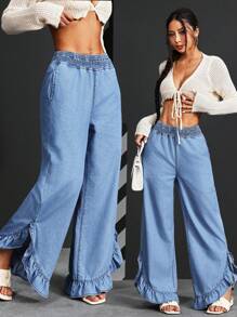 SHEIN PETITE 简约褶皱荷叶边腰带牛仔裤，日常休闲装