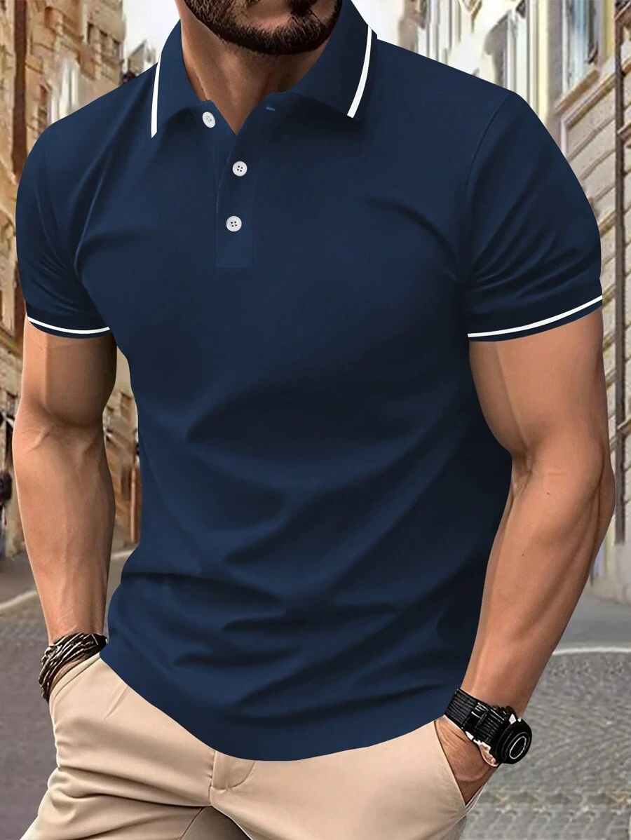 Manfinity Homme Men Contrast Trim Polo Shirt - Navy Blue - View 1