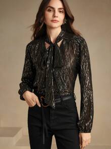Anewsta 女士青苔色金属提花长袖衬衫 - 黑色 - 查看 6
