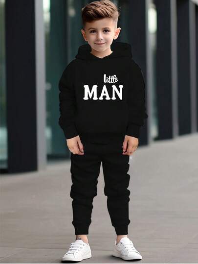 2pcs/Set Young Boy Fashionable Letter Print Hooded Sweatshirt And Sporty Pants Outfit, Autumn
