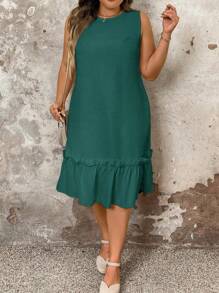 SHEIN Clasi Plus Size Plain Round Neck Sleeveless Ruffle Hem Pleated Maxi Loose Dress - Green - View 5