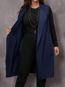 EMERY ROSE Plus Size Women Solid Color Casual Vest Jacket - Navy Blue - View 6