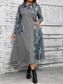EMERY ROSE Plus Size Lange Herfstjurk Dames Effen Kleur Bedrukt Eenvoudige Dagelijkse Lange Mouw Jurk, Herfst Dameskleding