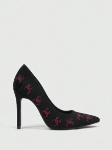 CUCCOO SZL 黑色、红色水钻镶嵌蜘蛛图案、尖头、高跟、一脚蹬时尚女式万圣节女巫正装鞋 - 黑色 - 查看 9