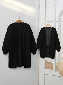 EMERY ROSE Áo len cardigan hở phía trước tay đèn lồng màu đen cỡ lớn cho mùa thu - màu đen - Xem 2
