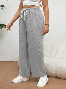 SHEIN Essnce Plus Size Dames Blauw & Wit Gestreepte Losse Casual Broek