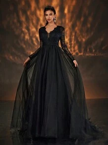 Glamrae Đầm cưới maxi dáng chữ A màu đen, sang trọng, lãng mạn, cổ chữ V, chất liệu ren Pháp, phối lưới và voan mỏng, khoét lưng, chất liệu vải voan mỏng, thích hợp cho ngày Valentine. - màu đen - Xem 3