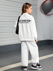 SHEIN 2pcs/Set Tween Girls Loose Casual Letter Printed Hoodie And Sweatpants Set - White - View 4