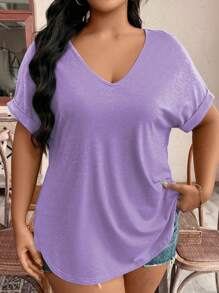 SHEIN LUNE 大码夏季休闲纯色蝙蝠袖 T 恤 - 紫色 - 查看 5