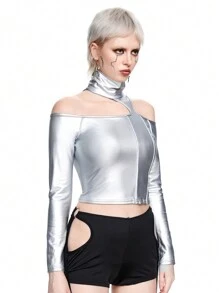 ROMWE Grunge Punk Sexy PU Reflective Striped Futuristic Women Bodycon T-Shirt - Silver - View 5