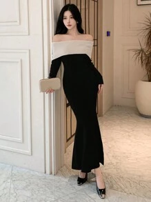 DAZY Women's Colorblock Off-Shoulder Elegant Long Sleeve Sweater Dress Off Shoulder,Fall Clothes - Black - View 8