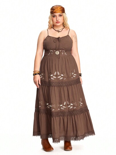 Hippie Plus Size Women Bohemian Style Floral Embroidered Lace Patchwork Midi Dress