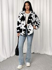 SHEIN EZwear Women Regular Length Two-Sided Fleece Cow Print Jacket In Fall/Winter - Black and White - View 6