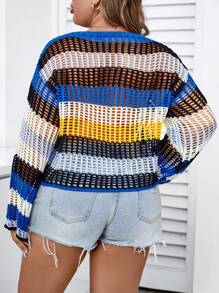 Calvaya Plus Size Women's Autumn/Winter Hollow Striped Crewneck Long Sleeve Sweater Knit Pullover Fall Outfit