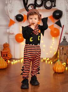 SHEIN Bộ 4 món đồ liền thân hình quỷ đáng yêu cho bé trai, quần sọc cam thêu hình quả bí ngô, mũ và yếm cho bé từ 0-18 tháng tuổi, mùa thu/đông, dành cho tiệc Halloween - Nhiều màu - Xem 8