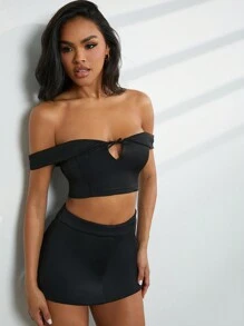 Hauture Women Shoulder Solid Top And Mini Skirt Two-Piece Outfits - Black - View 2