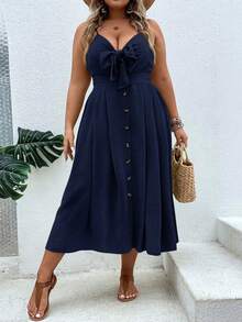 SHEIN Holidaya Đầm thường ngày màu trơn cỡ lớn có nơ trang trí dây mảnh phía trước - Màu xanh hải quân - Xem 4