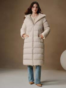 Anewsta Thick Long Reversible Hooded Women Jacket With Horizontal Quilting Lambswool Lining - Beige - View 7