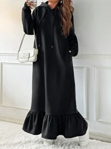 SHEIN EZwear Women's Solid Color Long Sleeve Drawstring Casual Long Sweatshirt Dress, Vacation In Fall/Winter