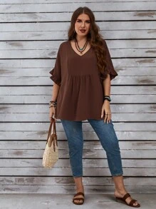 EMERY ROSE Camisas azul marino informales de vacaciones con mangas con volantes para mujer talla grande - Marrón - Ver 3