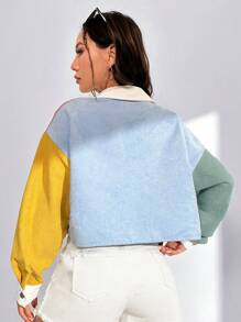 SHEIN EZwear Chaqueta corta abotonada con parche de letra y bolsillo de pana para otoño/invierno - Multicolor - Ver 2