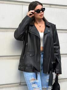 EURMUSE Plus Zip Up PU Leather Moto Jacket - Black - View 1