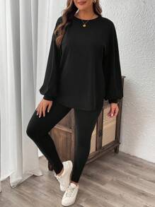 SHEIN LUNE Bộ 2 áo thun tay dài cổ tròn màu trơn cỡ lớn và quần bó dài đến mắt cá chân cho mùa đông - màu đen - Xem 5