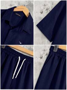 RueChic 100% Cotton Men Embriodery Short Sleeve Regular Shirt & Pants Two-Piece - Navy Blue - View 12