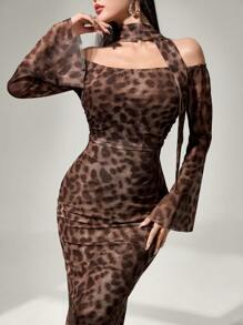 Modelyn 豹纹印花网眼长袖露肩休闲度假连衣裙长款女士装长款晚礼服 - 棕色 - 查看 4