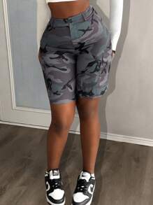 Slaydiva Pantalones cortos de trabajo de estilo casual de moda callejera de verano, estampado de camuflaje, con bolsillos, peto, pantalones cortos para mujer - Multicolor - Ver 1