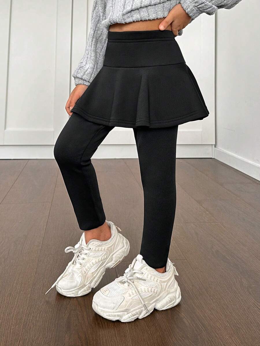 SHEIN Young Girl's & Young Girl's Lined Leggings Skirt, Girls' Casual Autumn Wear With Warmth - Black - View 1