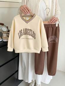 SHEIN Cô Gái Trẻ Đồ họa Chữ cái Sọc trang trí Thả vai Áo len & Quần nỉ - Nhiều màu - Xem 1