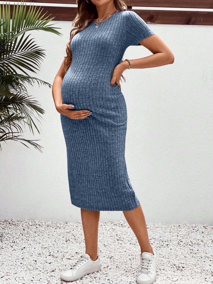 SHEIN 孕妇休闲修身中长款圆领孕妇连衣裙