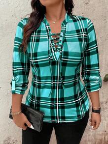 EMERY ROSE 加大码V领格子图案复古风长袖休闲T恤，印花T恤，女式上衣，适合春秋季穿着 - 綠色 - 查看 1