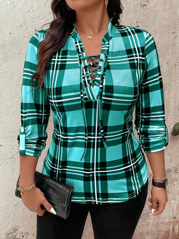 EMERY ROSE Plus Size V Neck Plaid Pattern Ancient Style Long Sleeve Casual T-shirt Graphic Tees Damskie Topy Na Wiosenny Strój