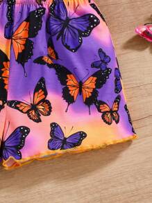 SHEIN 2pcs Girls Butterfly Pattern Loose Casual Short Sleeve Shorts Knit Comfortable Sleepwear Set, Summer
